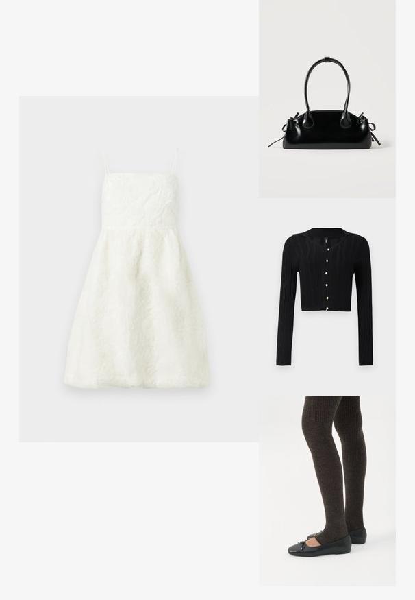 Must be a new black cropped kardigan, mis valmistatud kudumiskangast, millel on nööbi muster ja V-kaelus, ees kuue pärlina nööbiga.; Valge kleit spaghetti õlaga, tekstureeritud lillemustriga, vormitud korv ja laienev, põlvekohale ulatuv seelik. Kerge, õrn kangas.; Jalad seljas tumedad soonelises soonelises kombines mustade baleriinadega, millel on väikesed paelade detailid valgel taustal.; Väike must läikiv käekott kahe pika sangaga ja külgedel paelakinnitustega, ühel lihtsal helel taustal.