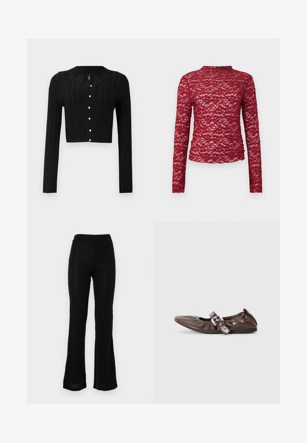 Must be a new black cropped kardigan, mis valmistatud kudumiskangast, millel on nööbi muster ja V-kaelus, ees kuue pärlina nööbiga.; Punane pitsist pikkade varrukatega pluus kõrge kaelusega, millel on lillemuster ja tekstuuriga viimistlus. Keha kujutav disain, alumises osas kortsutatud detailidega.; Mustad flared püksid, valmistatud tekstureeritud kangast, millel on peen muster. Elastne vöökoht, kerge ja täispikk disain.; Pruun patenteeritud nahast lamedad kingad terava nina, elastse kaare detaili ja hõbedase kinnituse aktsendiga küljel. Must kummist tall.