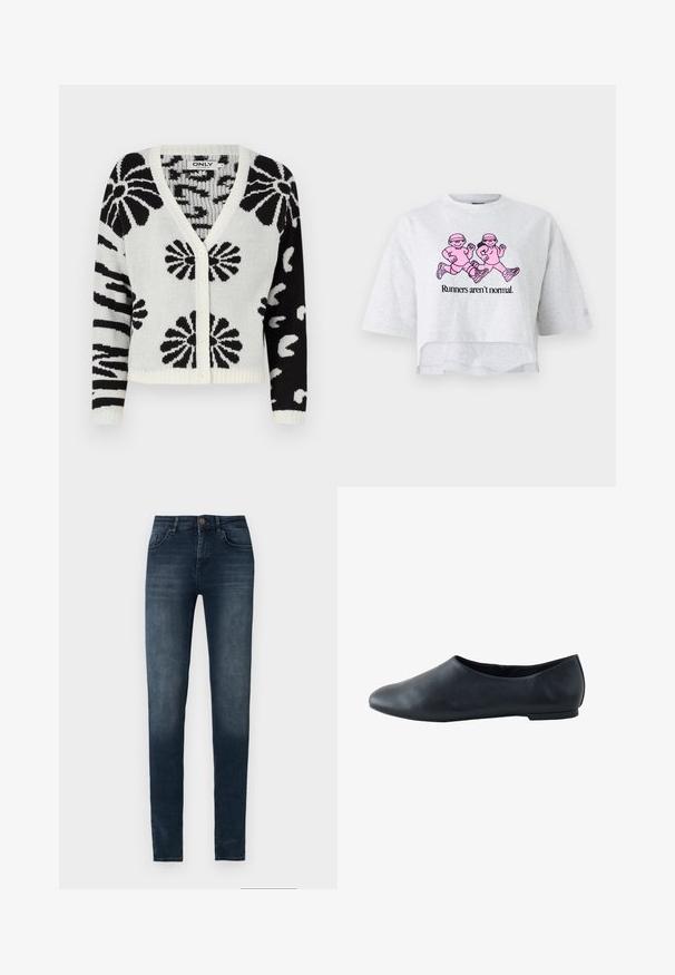 Zwart-wit gestreepte cardigan met een V-hals, knoopsluiting en geribbelde zoom. Bevat bloemen- en abstracte ontwerpen door het geheel.; Grijze kort geknipte t-shirt van katoen met korte mouwen. Bevat een roze afbeelding van twee rennende figuren met de tekst "Hardlopers zijn niet normaal."; Donkerblauwe slim-fit spijkerbroek met lichte vervaging op de dijen, vijfzakkenstijl en knoopsluiting in de taille.; Zwarte leren platte schoen met afgeronde neus, lage zijkanten en dunne zool, getoond vanaf de buitenkant op een witte achtergrond.