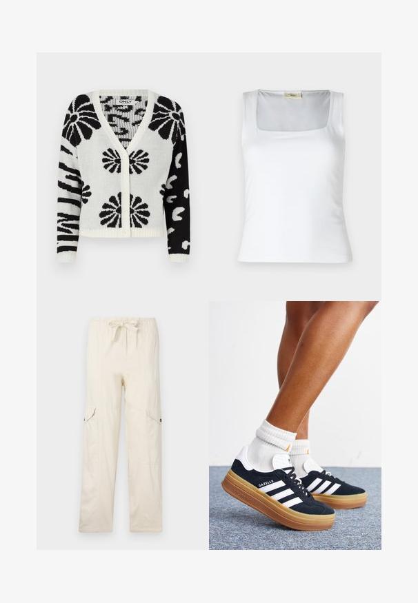 Sorte og hvide mønstrede cardigan med V-udskæring, knaplukning og ribbet kant. Har blomster- og abstrakte mønstre i hele designet.; Hvid top med firkantet halsudskæring lavet af glat stof. Har brede stropper og en tætsiddende silhuet. Ingen synlige mønstre eller dekorationer.; Beige cargo bukser med snøre i taljen, udstyret med to sidelommer og syede detaljer. Fremstillet af letvægts bomuldsstof.; Ben iført hvide sokker og sorte Adidas Gazelle sneakers med hvide striber og tykke brune såler på et gråt tæppe.