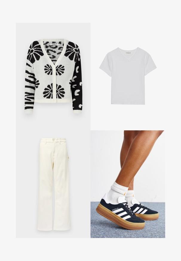 Schwarz-weiß gemusterter Cardigan mit V-Ausschnitt, Knopfverschluss und geripptem Saum. Hat florale und abstrakte Designs im gesamten Kleidungsstück.; Weißes kurzärmliges V-Ausschnitt-T-Shirt aus Rippstoff. Es zeichnet sich durch ein sauberes Design mit geradem Saum und minimalen Details aus.; Good American GOOD 90S CARPENTER - Wide Leg - white denim; Beine mit weißen Socken und schwarzen Adidas Gazelle Sneakers mit weißen Streifen und dicken braunen Sohlen auf einem grauen Teppichboden.