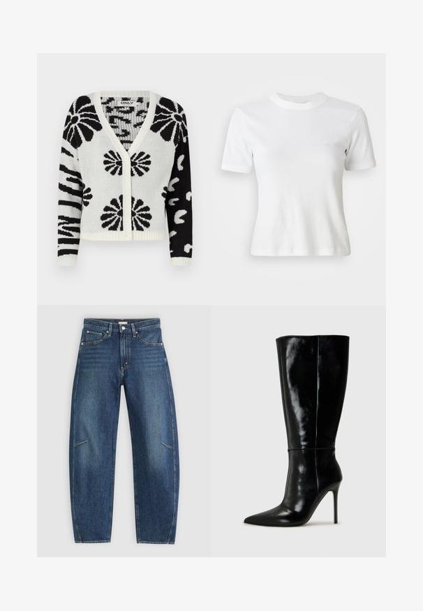 Cardigan à motifs noir et blanc avec un col en V, fermeture à boutons et ourlet côtelé. Présente des motifs floraux et abstraits sur l'ensemble.; T-shirt blance à manches courtes en côte, avec un col rond et un petit logo sur la poitrine. Fabriqué en tissu doux avec une coupe ajustée.; Jean en denim bleu foncé avec une coupe droite, dotés de poches avant, de surpiqûres contrastées et d'une texture légèrement délavée sur les jambes.; Bottes noires en cuir, hautes jusqu'au genou, avec un bout pointu et un talon aiguille haut. Texture lisse et design épuré, avec un minimum de détails.