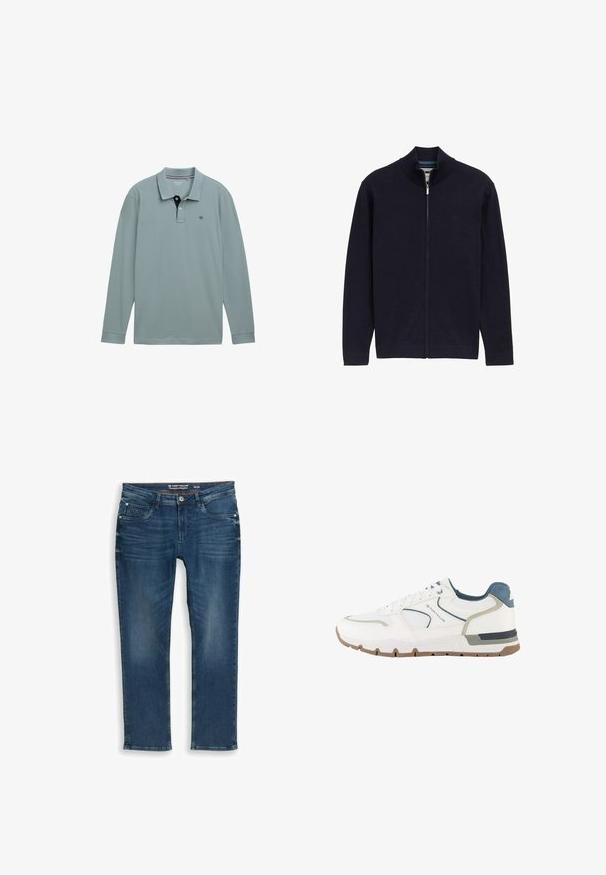 Mørkeblå zip-up jakke med høj krave, ribbede manchetter og kant, glat strikket tekstur, med et lille logo på venstre side.; Langærmet polo-shirt i lys blå med en kontrastfarvet navy krave. Cotton materiale, med et lille logo på venstre bryst. Klassisk pasform.; Mørkeblå jeans med lige ben lavet af denim. Har forlommer og lynlås foran samt diskret falming og syningsdetaljer ved taljebåndet.; Hvid og grå atletisk sneaker med blå detaljer, mesh-stof og en brun sål, mærket med "Tom Tailor" på siden.