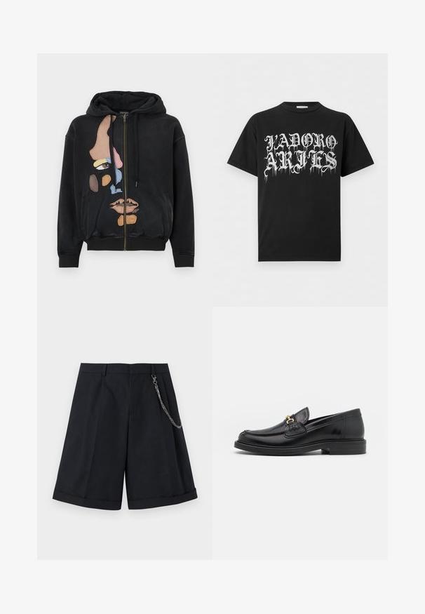 Sweat à capuche noir avec fermeture éclair sur le devant, présentant un motif de visage abstrait coloré composé de patchs en tissu texturé.; T-shirt noir à manches courtes avec texte blanc style gothique "J'ADORE ARTS" imprimé sur le devant, avec un motif de peinture dégoulinante.; Shorts noirs sur mesure mi-genoux avec plis à l'avant, ourlets retroussés, passants pour ceinture et une chaîne argentée attachée sur le côté droit.; Mocassins en cuir noir avec un embout rond, présentant des accents en métal doré et des détails de couture, montés sur une semelle en caoutchouc texturé et basse.