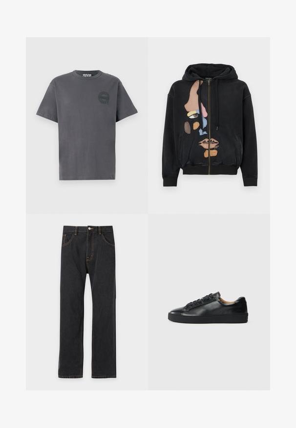 Sort hættetrøje med lynlås foran, med et farverigt abstrakt ansigtsdesign lavet af teksturerede stoflapper.; Mørkegrå kortærmet T-shirt med rund hals og lille cirkulært Versace Jeans Couture-logo på venstre bryst.; Sorte jeans med lige ben, kontrast-orange syninger, knap foran og lommer på en ensfarvet lyse baggrund.; Sorte lædersneakers med en glat overflade, rund tå og snørebåndslukning. Har en tyk gummisål og minimal branddetalje.