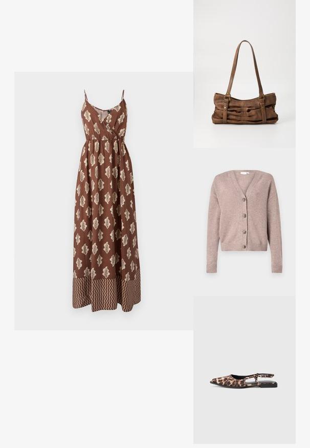VILA VIRIL V-NECK KNIT CARDIGAN - NOOS - Kardigan - brown; Pruun maksikleit õhukeste rihmadega, millel on beežid lehemustrid ja hammastega aktsent hemmi ääres. Valmistatud kergest kangast.; Leopardimustriga lame slingback jalanõud terava toe, avatud külgede ja väikese musta kontsaga. Materjal näeb välja sile ning kerge läikega.; Even&Odd Käekott - brown