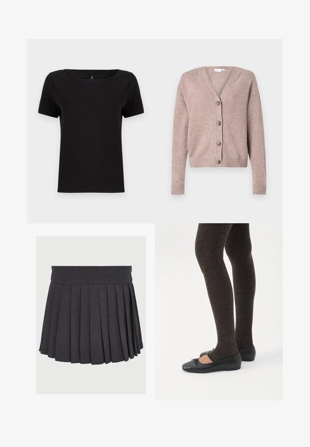 VILA VIRIL V-NECK KNIT CARDIGAN - NOOS - Kardigán - brown; Čierne tričko s krátkymi rukávmi a štvorcovým výstrihom, vyrobené z jemnej bavlny, s minimalistickým dizajnom a bežným strihom.; Sivá plisovaná sukňa s rovnou pásovkou a zipsom, vyrobená z textúrovanej tkaniny, s rovnomerne rozmiestnenými hlbokými plisami.; Nohy v tmavých pásikavých legínach v kombinácii s čiernymi balerínkami s malými mašličkami na bielom pozadí.