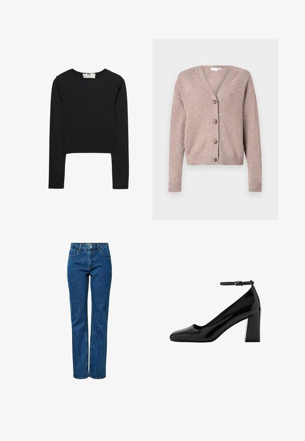 VILA VIRIL V-NECK KNIT CARDIGAN - NOOS - Kardigán - brown; Čierny crop top s dlhým rukávom vyrobený z ľahkej látky, s okrúhlym výstrihom a priliehavým strihom, s čistými švami a bez ozdôb.; Modré džínsy s rovným strihom, piatimi vreckami, zapínaním na gombík a zips a pútka na opasok. Džínsy sú zobrazené vzpriamene na jednoduchom bielom pozadí.; Čierna lesklá lodička z lakovanej kože s vysokým opätkom, štvorcovou špičkou, remienkom okolo členka a širokým blokovým opätkom, s lesklým povrchom a hladkou textúrou.