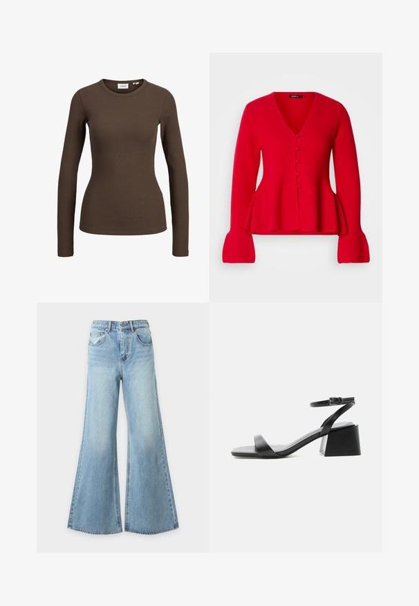Rød strik cardigan med V-hals, knaplukning og peplum-kant. Har ribbede ærmer og en blød tekstur.; Brun ribbet langærmet tætsiddende skjorte med rund halsudskæring, vist på en hvid baggrund.; Lyseblå vidde denimbukser med forreste knap- og lynlås, bæltestropper og forlommer, vist på en ensfarvet baggrund.; Sort læder sandal med åben tå, blokhæl, tynd ankestrold og spænde lukning, vist fra siden på hvid baggrund.