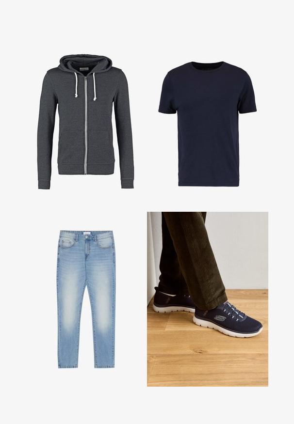 Halluxena hallitushalli, mis on valmistatud pehmest kangast, joonistatud nööriga kapuutsiga, kahel esiosas asuval taskul ja ribakujuliste varrukate ning hemiga.; Pier One Lihtne T-särk - dark blue; Heledad sinised teksapüksid, regulaarne lõige, viie tasku disain, veidi kulumine ees ja sirge jala viimistlus.; Tumesinised võrgusneakerid valgete talladega, elastsete paeltega ja logo detailiga. Igapäevane disain kerge ehitusega.