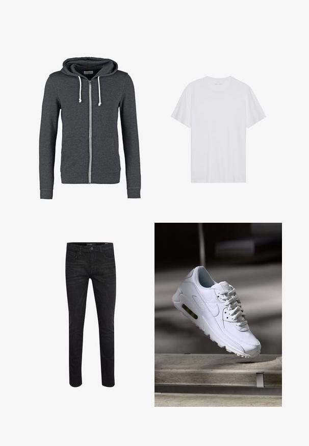 Sudadera gris con cremallera, hecha de una tela suave, que cuenta con una capucha con cordón, dos bolsillos frontales y puños y dobladillo acanalados.; Camiseta de algodón blanca con mangas cortas, cuello redondo y una textura suave. Presenta una marca mínima en el escote.; Jeans de mezclilla negra con un ajuste ceñido, que presentan cinco bolsillos, un botón frontal y una textura suave. Adecuados para uso informal.; Zapatilla blanca de piel con superficies texturizadas, cuello acolchado y amortiguación de aire visible en la suela. Presenta cordones y un diseño minimalista.