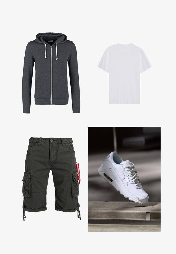 Haut de sweatshirt gris à fermeture éclair en tissu doux, avec une capuche à cordon de serrage, deux poches avant et des poignets et un ourlet côtelés.; T-shirt en coton blanc à manches courtes, col rond et texture lisse. Présente un branding minimal au niveau du col.; Shorts cargo verts foncés en tissu durable, dotés de plusieurs poches latérales, d'un ourlet à cordon de serrage et d'une accent de tag rouge.; Baskets blanches en cuir avec des surfaces texturées, un col rembourré et un amorti d'air visible dans la semelle. Elles possèdent des lacets et un design minimaliste.