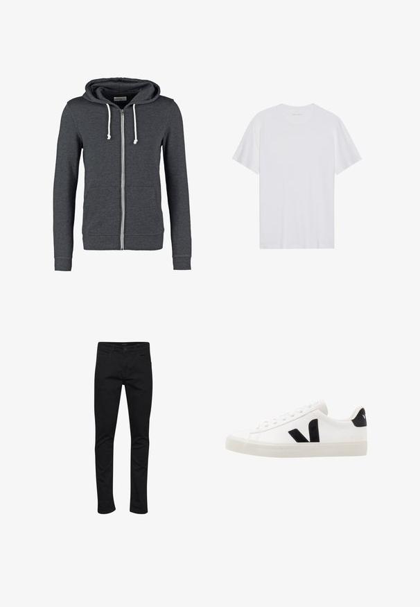Haut de sweatshirt gris à fermeture éclair en tissu doux, avec une capuche à cordon de serrage, deux poches avant et des poignets et un ourlet côtelés.; T-shirt en coton blanc à manches courtes, col rond et texture lisse. Présente un branding minimal au niveau du col.; Jean noir en denim avec une coupe slim, présentant un design classique à cinq poches, des coutures robustes et une fermeture éclair avec un bouton.; Sneaker blanche en cuir avec des accents en daim noir ; dispose d'une semelle en caoutchouc, d'un bout rond et d'un design classique à lacets. Logo latéral en noir.