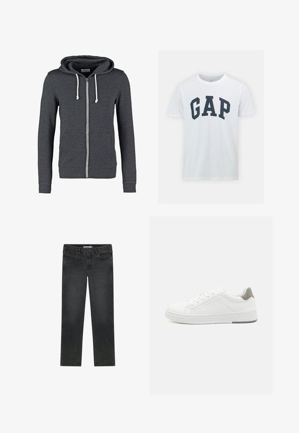 Sudadera gris con cremallera, hecha de una tela suave, que cuenta con una capucha con cordón, dos bolsillos frontales y puños y dobladillo acanalados.; GAP EVERYDAY SOFT BASIC LOGO - Camiseta estampada - white global; Vaqueros Wrangler negros de corte recto con botón delantero, cremallera, trabillas para el cinturón y diseño de cinco bolsillos sobre fondo blanco.; Zapatilla blanca con material de cuero liso, punta redonda, diseño minimalista, acento gris en el talón y suela de goma texturizada.