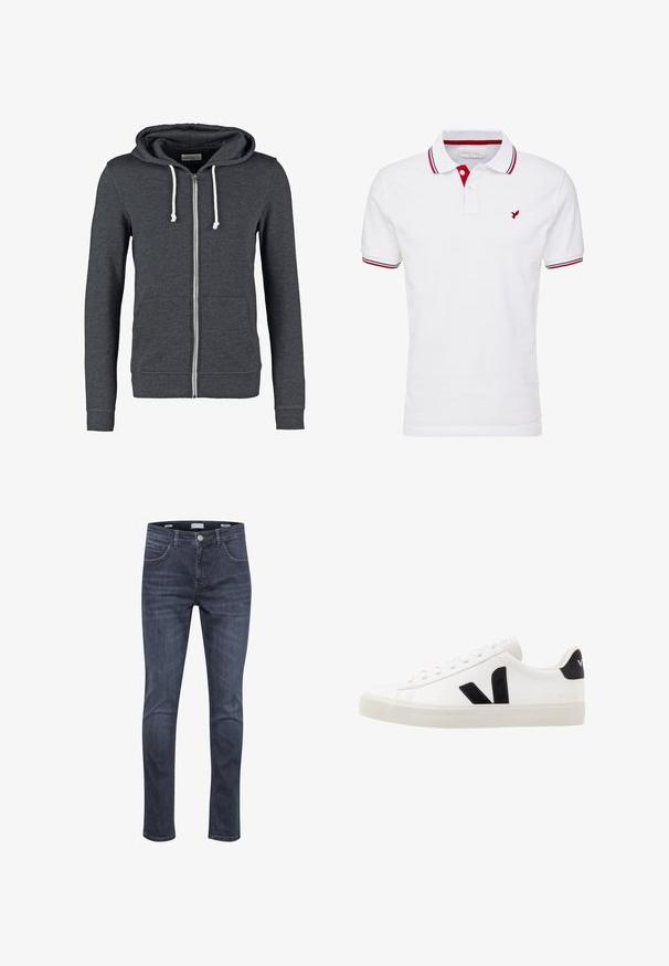 Grijze rits-hoodie van zachte stof, met een trekkoordcapuchon, twee voorzakken en ribgebreide manchetten en zoom.; Witte polo met rode en marineblauwe accenten op de kraag en mouwen. Beschikt over een klein rood vogellogo op de linkerborst. Gemaakt van katoen.; Donkerblauwe denim jeans met een slim fit, voorzien van vijf zakken, lichte stiksel en een klassiek ritsopening met knoopsluiting.; Witte leren sneaker met zwarte suède accenten; voorzien van een rubberen zool, ronde neus en een klassieke vetersluiting. Zijkant met logo in het zwart.