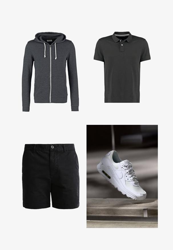 Haut de sweatshirt gris à fermeture éclair en tissu doux, avec une capuche à cordon de serrage, deux poches avant et des poignets et un ourlet côtelés.; Polo noir en coton, doté d'un col classique, de trois boutons et d'un subtil détail rayé au niveau du cou. Manches courtes.; Shorts en coton noir avec une texture lisse, fermeture à bouton et ourlets retournés. Comprend des passants de ceinture et des poches avant pour plus de praticité.; Sneaker Nike Air Max 90 blanche avec une tige en mesh et cuir, une boîte à orteils perforée et une unité air visible au talon.