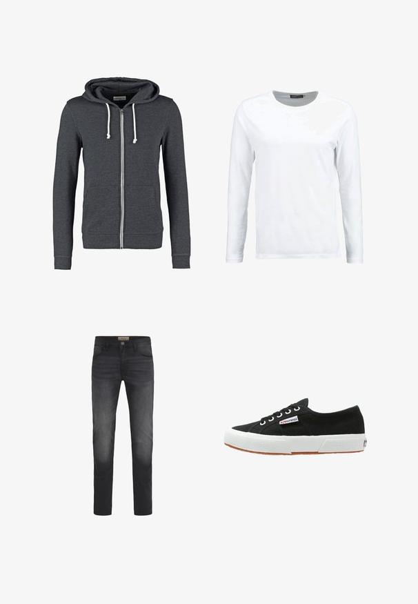 Grijze rits-hoodie van zachte stof, met een trekkoordcapuchon, twee voorzakken en ribgebreide manchetten en zoom.; Witte langemouwen T-shirt gemaakt van katoen, met een ronde hals en een gladde textuur. Geen patronen of accenten. Eenvoudig ontwerp.; Donkerdenim jeans met een slim fit, voorzien van een knoopsluiting, vijf zakken en een lichte vervaging op de bovenbenen.; Zwarte canvas sneakers met een witte rubberen zool en een bruine gumzool. Voorzien van een ronde neus, vetersluiting en een klein logo-label aan de zijkant.