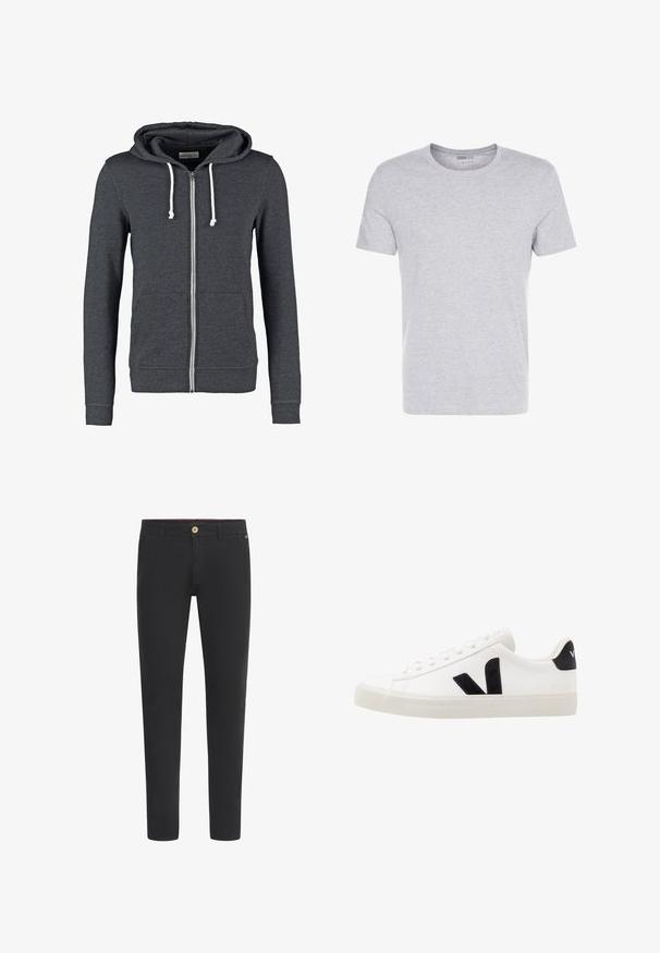 Sudadera gris con cremallera, hecha de una tela suave, que cuenta con una capucha con cordón, dos bolsillos frontales y puños y dobladillo acanalados.; Camiseta de algodón gris con cuello redondo, mangas cortas y un diseño liso, que presenta una textura suave y lisa, sin patrones ni adornos visibles.; Chinos negros de mezcla de algodón, con un diseño de corte ajustado, cierre de botón, trabillas para cinturón y bolsillos laterales. Textura suave en toda su superficie.; Zapatilla de cuero blanca con acentos de ante negro; presenta una suela de goma, puntera redonda y un diseño clásico de cordones. Logo lateral en negro.