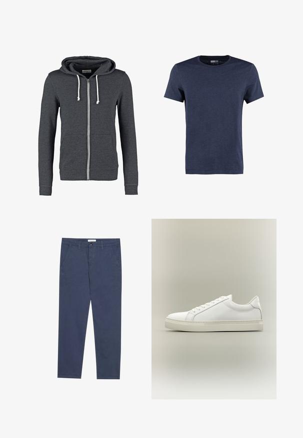 Haut de sweatshirt gris à fermeture éclair en tissu doux, avec une capuche à cordon de serrage, deux poches avant et des poignets et un ourlet côtelés.; T-shirt à manches courtes bleu marine en coton, avec un col rond et une texture douce chinée, sans motifs ni accents visibles.; Chinos en coton bleu marine avec une coupe droite, deux poches avant et des détails de couture subtils, dotés d'une taille avec fermeture à bouton.; Baskets blanches basses à lacets sur l’avant et semelle épaisse, vues de côté sur un fond neutre.