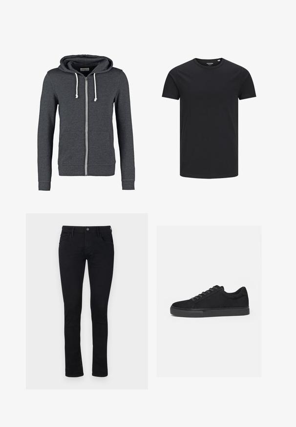 Graue Zip-Hoodie aus weichem Material, mit einer Kapuze mit Kordelzug, zwei Vordertaschen sowie gerippten Bündchen und Saum.; Schwarzes Baumwoll-T-Shirt mit Rundhalsausschnitt, kurzen Ärmeln und schlichtem Design. Glatte Textur, keine Muster oder sichtbare Beschläge.; Schwarze Slim-Fit-Jeans aus Denim mit glatter Textur. Mit fünf Taschen und einem Reißverschluss sowie einem Knopfverschluss an der Taille.; Schwarzer Low-Top-Sneaker mit Schnürung vorne und flacher Gummisohle, seitlich auf weißem Hintergrund dargestellt.