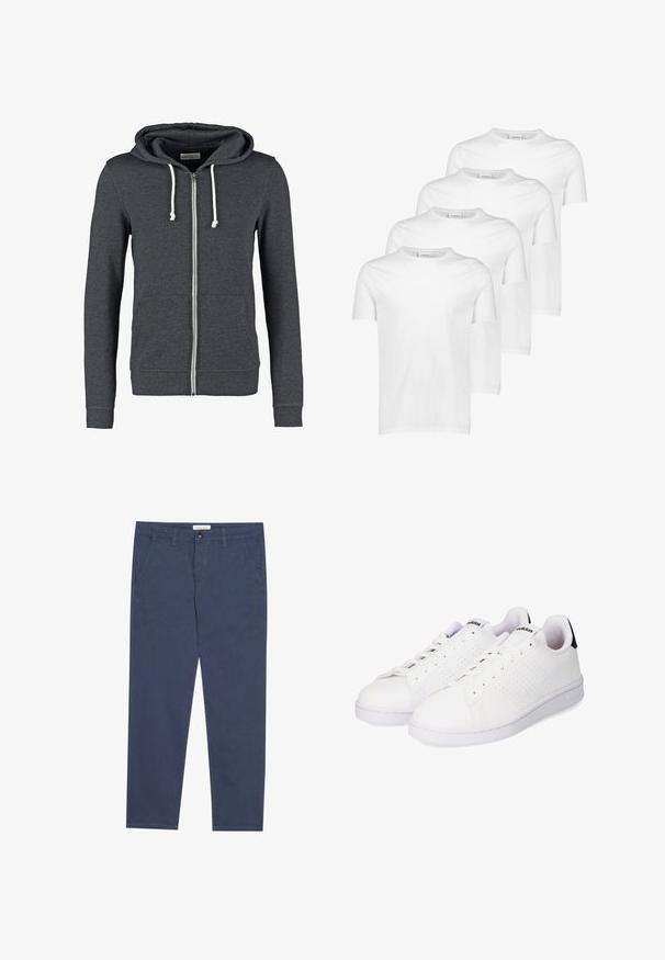 Sudadera gris con cremallera, hecha de una tela suave, que cuenta con una capucha con cordón, dos bolsillos frontales y puños y dobladillo acanalados.; Camisetas de algodón blancas, de manga corta, con cuello redondo, textura suave, cuatro piezas apiladas con diseño consistente y sin patrones ni acentos.; Chinos de algodón azul marino con corte recto, dos bolsillos frontales y un sutil detalle de costura, que cuentan con una cinturilla con cierre de botón.; Zapatillas deportivas de piel blanca con una textura suave, detalles perforados en los laterales, suela plana de goma blanca y lengüeta del talón en azul oscuro.