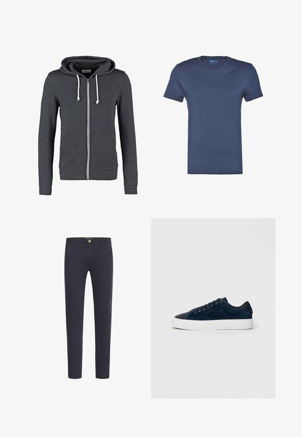 Grå zip-up hoodie lavet af blødt stof, med en hætte med snoretræk, to forlommer og ribbede mansjetter og kant.; Marineblå bomulds T-shirt med rund halsudskæring, korte ærmer og en glat, ensartet tekstur. Ingen mønstre eller synlige hardware detaljer.; Marineblå bukser lavet af glat stof, med almindelig pasform, fem-lomme design og foran knaplukning.; Marineblå ruskinds sneakers med en blank mørk tåhætte, hvid gummisål og seks snørrehuller, der har et diskret logo på siden.