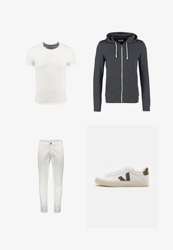Sudadera gris con cremallera, hecha de una tela suave, que cuenta con una capucha con cordón, dos bolsillos frontales y puños y dobladillo acanalados.; Camiseta de algodón blanca con cuello redondo y mangas cortas, con un diseño liso y una textura suave. Etiqueta visible en el área del cuello.; Pantalones de algodón blancos con un corte ajustado, que cuentan con un cierre de botón en la parte delantera, presillas para cinturón y una textura suave. Sin patrones ni acentos visibles.; Zapatillas de cuero blanco con una suela de goma beige claro. Presenta un logo en forma de V de gamuza marrón y una pestaña en el talón. Cierre con cordones y superficie texturizada.