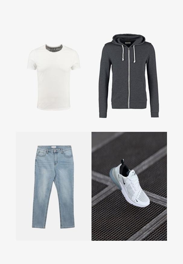 Sudadera gris con cremallera, hecha de una tela suave, que cuenta con una capucha con cordón, dos bolsillos frontales y puños y dobladillo acanalados.; Camiseta de algodón blanca con cuello redondo y mangas cortas, con un diseño liso y una textura suave. Etiqueta visible en el área del cuello.; Pantalones vaqueros de mezclilla azul claro con botón frontal y cremallera, trabillas para cinturón y cinco bolsillos, colocados planos sobre un fondo blanco.; Zapatilla deportiva blanca con parte superior de malla perforada, acentos negros, cordones visibles y una suela de amortiguación de aire translúcida.
