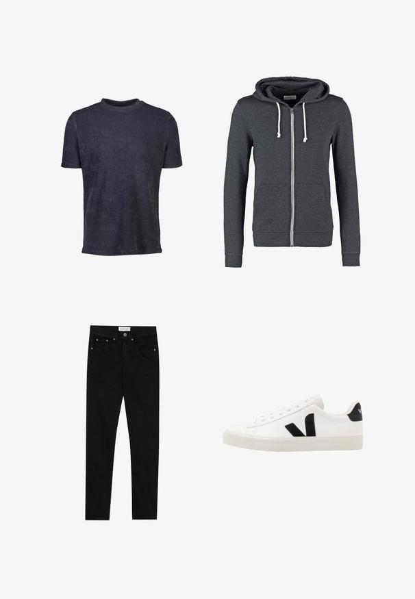 Sudadera gris con cremallera, hecha de una tela suave, que cuenta con una capucha con cordón, dos bolsillos frontales y puños y dobladillo acanalados.; Camiseta de manga corta azul oscuro hecha de una tela suave. Presenta un cuello redondo y una textura lisa, con un diseño minimalista.; Jeans skinnies de mezclilla negra con una textura suave, diseño de cinco bolsillos, costuras en contraste y una etiqueta de marca en la banda de la cintura.; Zapatilla de cuero blanca con acentos de ante negro; presenta una suela de goma, puntera redonda y un diseño clásico de cordones. Logo lateral en negro.
