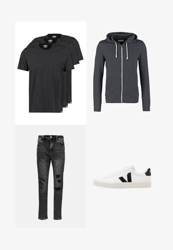 Gray zip-up hoodie made of soft fabric, featuring a drawstring hood, two front pockets, and ribbed cuffs and hem.; Black cotton t-shirts in a pack of three. Crew neck, short sleeves, and a smooth texture. Logo tag at the hem.; Black denim jeans with a slim fit, featuring distressed rips on the thighs and knees, five pockets, and a classic button closure.; White leather sneaker with black suede accents; features a rubber sole, round toe, and classic lace-up design. Side logo in black.
