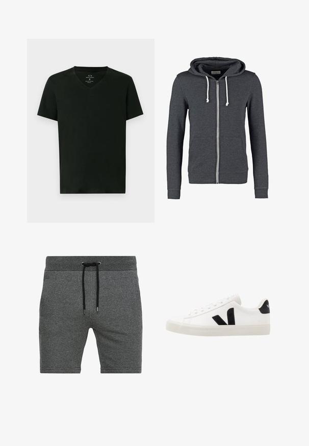Haut de sweatshirt gris à fermeture éclair en tissu doux, avec une capuche à cordon de serrage, deux poches avant et des poignets et un ourlet côtelés.; T-shirt en coton noir pour homme d'Armani Exchange avec des manches courtes et un col en V, taille moyenne, présenté à plat sur fond blanc.; Shorts en coton gris avec un cordon noir, une taille élastique et des poches latérales. Texture lisse, design à mi-cuisses.; Sneaker blanche en cuir avec des accents en daim noir ; dispose d'une semelle en caoutchouc, d'un bout rond et d'un design classique à lacets. Logo latéral en noir.