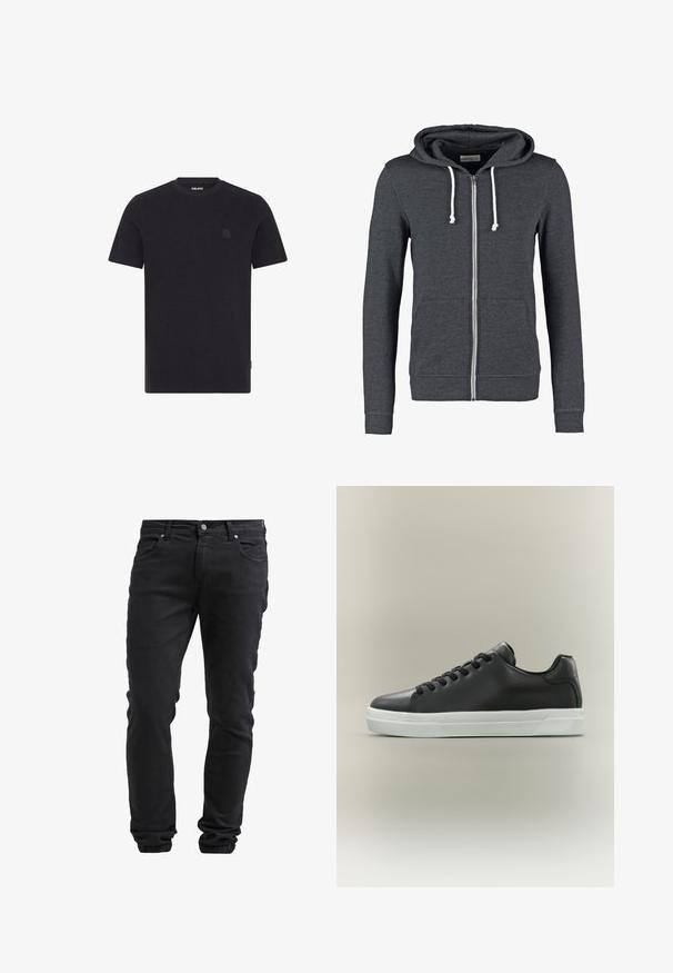 Haut de sweatshirt gris à fermeture éclair en tissu doux, avec une capuche à cordon de serrage, deux poches avant et des poignets et un ourlet côtelés.; T-shirt à manches courtes marin en tissu texturé. Il possède un col rond et un logo discret sur la poitrine. Fini avec un bas droit.; Jeans noirs ajustés avec fermeture à bouton et à glissière, cinq poches et poignets élastiques aux chevilles.; Baskets basses en cuir noir avec lacets noirs et semelle en caoutchouc blanche sur fond neutre, vue de côté.