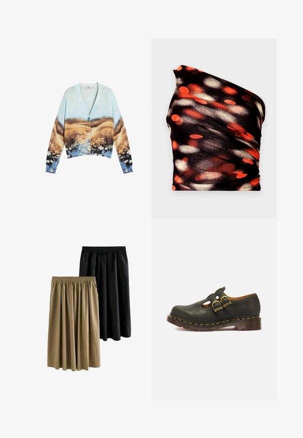 Knapper-trøje med landskabsprint i blå, brune og beige nuancer, med V-hals og ribstrikkede manchetter og kant.; Sort én-skulder top med abstrakte orange, røde og hvide prikkede mønstre. Lavet af et tekstureret, elastisk stof; har rynket detaljering.; To knælange nederdele: en sort og en khaki. Begge har en elastisk talje og et flydende design med blødt, struktureret stof.; Sort læder Mary Jane sko med dobbelte messing spænder, perforeret tådetalje og tyk sål med gul syning.
