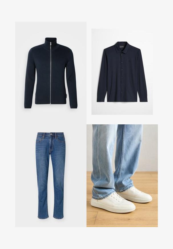 Sweatshirt zippé bleu marine foncé avec un col haut. Fabriqué en tissu côtelé, il est doté de manches longues et d'une fermeture éclair argentée au centre.; Chemise bleu marine foncé à manches longues avec col et logo brodé discret sur la poitrine gauche sur un fond clair.; Jean droit bleu en denim avec fermeture devant à bouton et zip, cinq poches et légère décoloration aux cuisses.; Baskets blanches en cuir avec un design bas, des accents texturés et un bout rond, associées à un jean en denim bleu clair.