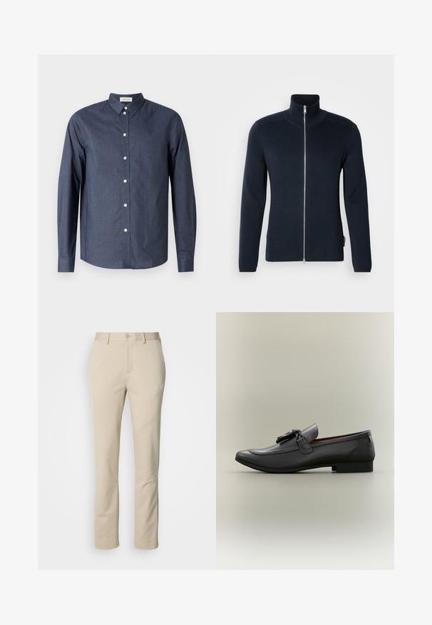 Sweatshirt zippé bleu marine foncé avec un col haut. Fabriqué en tissu côtelé, il est doté de manches longues et d'une fermeture éclair argentée au centre.; Chemise boutonnée à manches longues bleu marine en tissu lisse ; elle présente un col classique, des boutons blancs et un ourlet incurvé.; Pantalons en coton beige avec une coupe droite, fermeture à bouton et devant plat. Le matériau a une texture lisse et un minimum de détails.; Mocassin en cuir noir avec un bout arrondi, un gland décoratif et des détails cousus. Talon plat avec un profil élégant et une texture lisse.