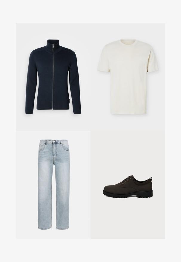 Sweatshirt zippé bleu marine foncé avec un col haut. Fabriqué en tissu côtelé, il est doté de manches longues et d'une fermeture éclair argentée au centre.; T-shirt à manches courtes couleur blanc cassé uni avec col rond et logo discret sur le côté gauche de la poitrine, présenté sur un fond blanc uni.; Jean bleu clair à jambes droites avec poches avant, fermeture par bouton et légère décoloration sur les cuisses et les genoux.; Chaussure en cuir marron foncé à lacets avec semelle épaisse en caoutchouc noir et languette à l’arrière, vue de côté sur un fond uni.