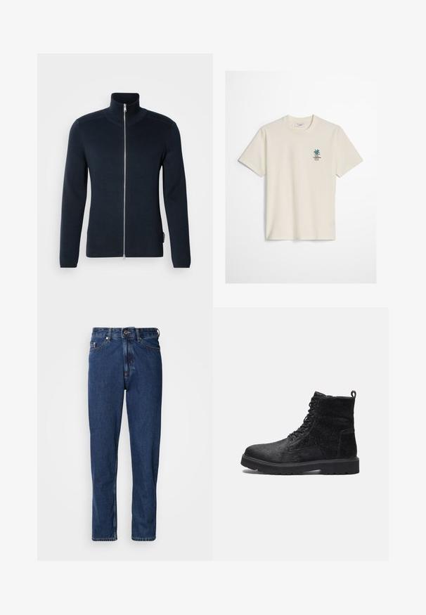 Sweatshirt zippé bleu marine foncé avec un col haut. Fabriqué en tissu côtelé, il est doté de manches longues et d'une fermeture éclair argentée au centre.; T-shirt à manches courtes blanc cassé avec petit motif de plante verte et logo texte sur la poitrine gauche, col rond et coupe régulière.; Jean bleu foncé en denim, avec une coupe droite, style cinq poches et des coutures apparentes le long des coutures.; Bottines noires à cheville avec un dessus texturé, présentant un laçage à l'avant, une semelle en caoutchouc robuste et une languette à l'arrière pour un enfilage facile.