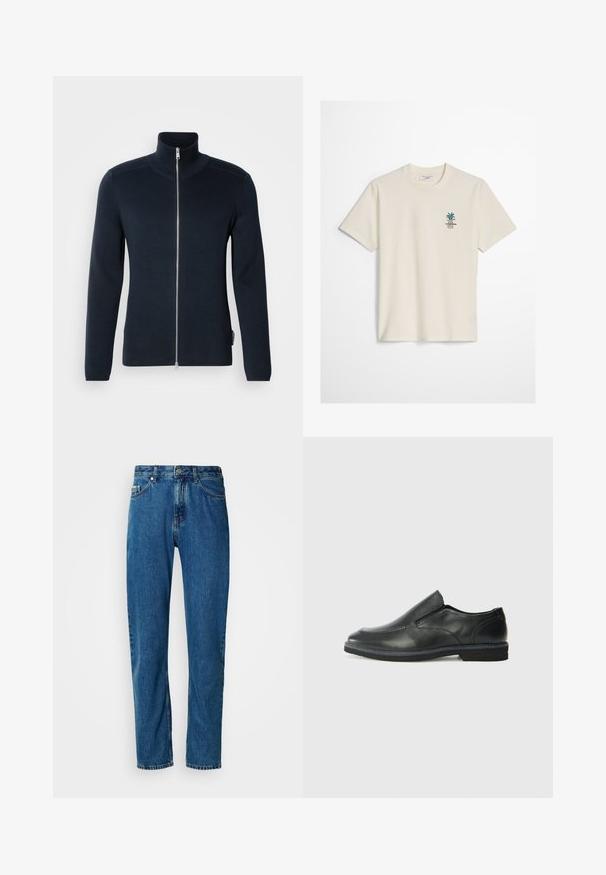 Donkerblauwe zip-up trui met een hoge kraag. Gemaakt van ribstof, met lange mouwen en een zilveren rits in het midden.; Off-white T-shirt met korte mouwen, kleine groene plant en tekstlogo op de linkerborst, ronde hals en regular fit.; Blauwe rechte spijkerbroek met vijf zakken en een knoopsluiting aan de voorkant op een witte achtergrond.; Zwarte leren instapper met een soepele bovenkant, gestikte accenten, ronde neus en een lage rubberen hak. De zool heeft minimale profiel.