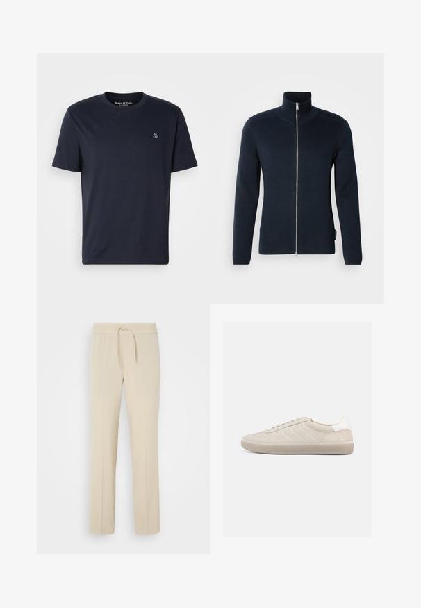 Dunkelblauer Reißverschluss-Pullover mit hohem Kragen. Aus geripptem Stoff, mit langen Ärmeln und einem silbernen Reißverschluss in der Mitte.; Navyblaues Baumwoll-T-Shirt mit kurzen Ärmeln, rundem Halsausschnitt und kleinem gesticktem Logo auf der Brust. Glatte Textur, lässiges Design.; Beige, elastische Hosen mit einem Kordelzug. Sie haben gerade Beine und eine glatte Textur, geeignet für Freizeit oder Entspannung.; Beiger Wildleder-Sneaker mit strukturiertem Obermaterial, glattem weißen Fersenbereich, dünnen Schnürsenkeln und Gummisohle. Verfügt über ein flaches Design.