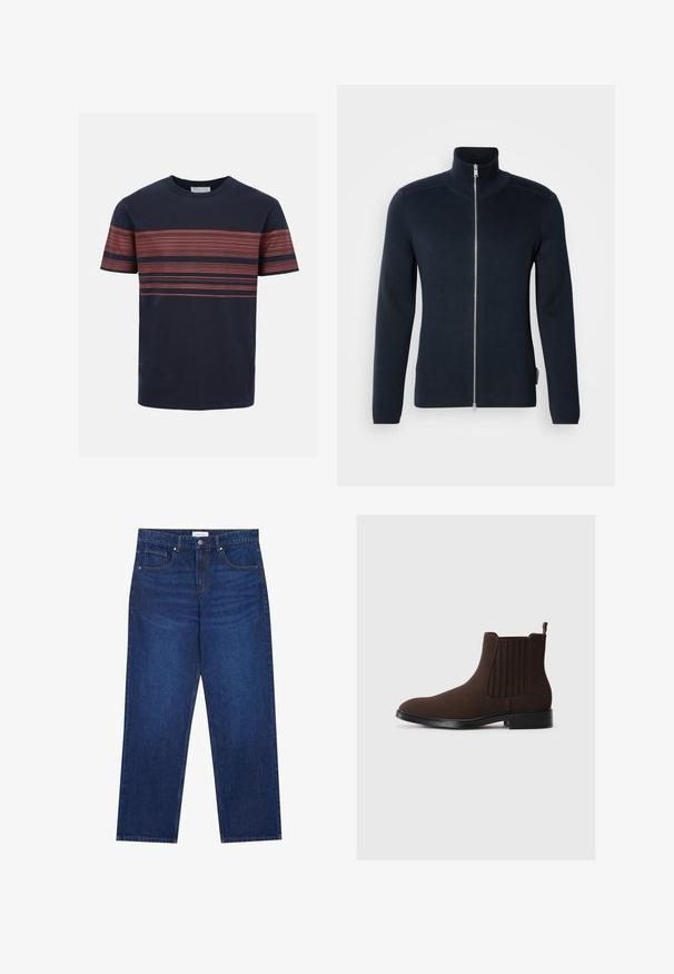 Sweatshirt zippé bleu marine foncé avec un col haut. Fabriqué en tissu côtelé, il est doté de manches longues et d'une fermeture éclair argentée au centre.; T-shirt bleu marine à manches courtes avec fines rayures rouges horizontales sur la poitrine et les manches, col rond.; Jean en denim bleu foncé avec une coupe droite, équipé d'une fermeture boutonnée et à zip, de cinq poches et de détails de couture visibles.; Bottines Chelsea en daim marron avec panneaux élastiques sur les côtés, talon bas et une languette à l'arrière. Texture lisse et design épuré.