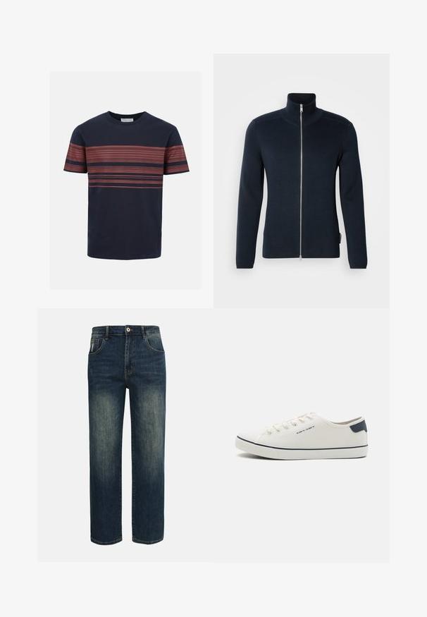 Sweatshirt zippé bleu marine foncé avec un col haut. Fabriqué en tissu côtelé, il est doté de manches longues et d'une fermeture éclair argentée au centre.; T-shirt bleu marine à manches courtes avec fines rayures rouges horizontales sur la poitrine et les manches, col rond.; Jean droit bleu foncé avec légère décoloration sur le devant des cuisses, cinq poches, et une fermeture à bouton à la taille.; Baskets en toile de couleur blanc cassé avec des accents bleu marine, dotées d'un bout rond, d'un système de laçage et d'une semelle en caoutchouc texturé. Esthétique simple et épurée.
