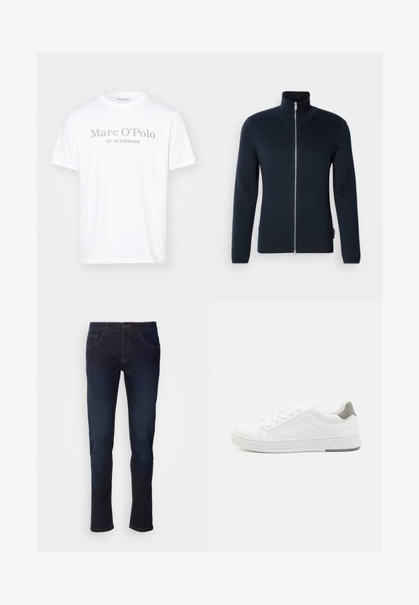 Dunkelblauer Reißverschluss-Pullover mit hohem Kragen. Aus geripptem Stoff, mit langen Ärmeln und einem silbernen Reißverschluss in der Mitte.; Weißes Baumwoll-T-Shirt mit rundem Halsausschnitt, kurzen Ärmeln und grauem Drucktext, der "Marc O’Polo EST. IN STOCKHOLM." lautet.; Dunkelblaue Jeans aus Denim mit geradem Bein, ausgestattet mit Fronttaschen, einem Reißverschluss und dezenten Nähdetails.; Weißer Sneaker aus glattem Leder, runde Zehenpartie, minimalistisches Design, graue Fersenkante und strukturierte Gummisohle.