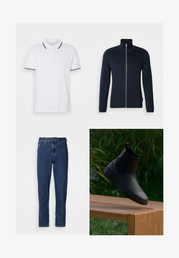 Sudadera de cremalleras en azul marino oscuro con cuello alto. Hecha de tela acanalada, con mangas largas y una cremallera plateada en el centro.; Camiseta polo blanca de algodón con cuello, tapeta de tres botones y acentos a rayas en azul marino y blanco en las mangas.; Jeans de mezclilla de color azul oscuro, con diseño de pierna recta, estilo de cinco bolsillos y costuras visibles a lo largo de las costuras.; Botín negro de cuero con paneles laterales elásticos, textura suave, punta redondeada y suela plana, posicionado sobre una mesa de madera con un fondo de vegetación.