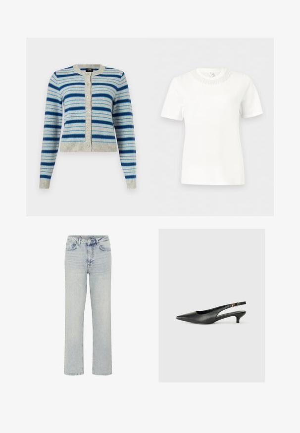 Cárdigan de botones de color gris claro con rayas horizontales azules en diferentes tonos, con puños, cuello y dobladillo acanalados.; Top blanco de manga corta con escote redondo y detalle texturizado de cuentas en el borde.; My Essential Wardrobe WIDE 05 THE LOUIS 139 - Vaqueros boyfriend - light blue dirty wash; Zapato de tacón slingback negro de punta afilada, hecho de cuero suave. Presenta un tacón delgado y un detalle de hebilla en la correa ajustable.
