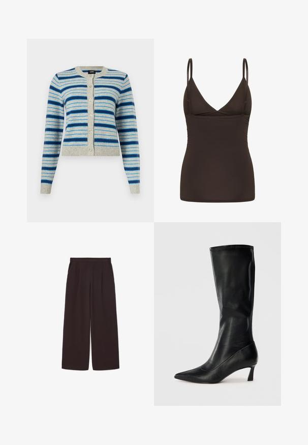 Lysegrå cardigan med knapper og vandrette blå striber i forskellige nuancer, ribstrikkede manchetter, krave og kant.; Mørkebrun tætsiddende camisole med justerbare tynde stropper og en dyb V-udskæring.; Mørkebrun vide bukser lavet af letvægtsstof, med høj talje, plisseringer og to sidelommer, samt elastisk taljebånd.; Sorte læderknæhøje støvler med spidse tæer og en modest hæl. Glat tekstur og slankt design med subtile syninger.