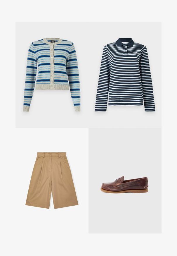 Hellgraue, zum Knöpfen vorgesehene Strickjacke mit horizontalen blauen Streifen in verschiedenen Schattierungen, gerippte Bündchen an Ärmeln, Kragen und Saum.; Langärmeliges Poloshirt in Marineblau und Weiß mit Streifen, aus Baumwollmaterial, mit einem geknöpften Kragen und einem kleinen Logo auf der Brust.; Beige Baumwollshorts mit lockerer Passform, ausgestattet mit Falten, Knopfverschluss und Seitentaschen. Sanfte Textur und knielanges Design.; Brauner Leder-Pennyloafer mit genähten Details und hellbrauner Gummisohle, seitlich betrachtet.