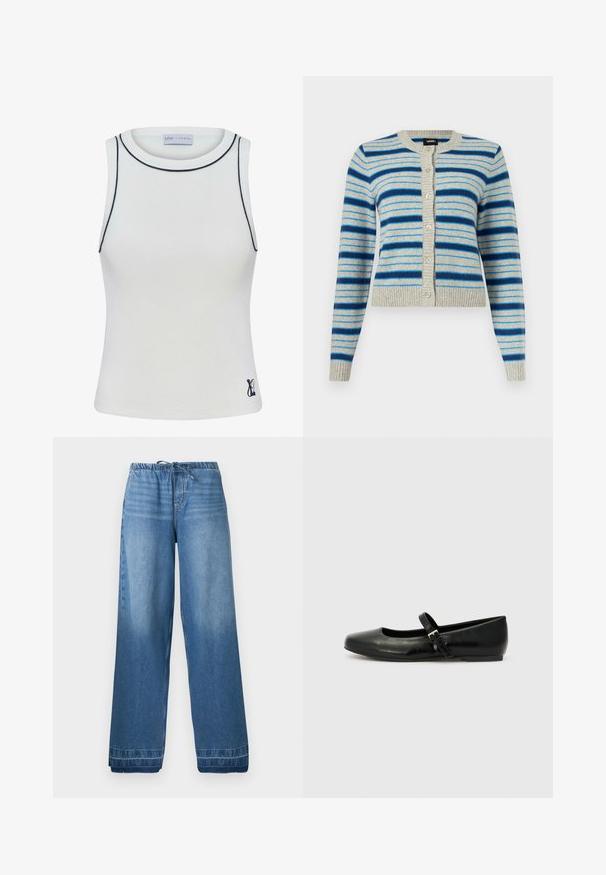 Lysegrå cardigan med knapper og vandrette blå striber i forskellige nuancer, ribstrikkede manchetter, krave og kant.; Hvid, ribbet tanktop med høj halsudskæring og marineblå accents langs kanterne. Har et lille logo på nederste højre side. Strækbart materiale.; Blå denim bukser med vide ben, elastisk talje og snøre, med lette falmede områder og syede kanter.; Sorte læder balletflade med rund tå, flad sål og en tynd justerbar rem over svangen med en metalspænde.