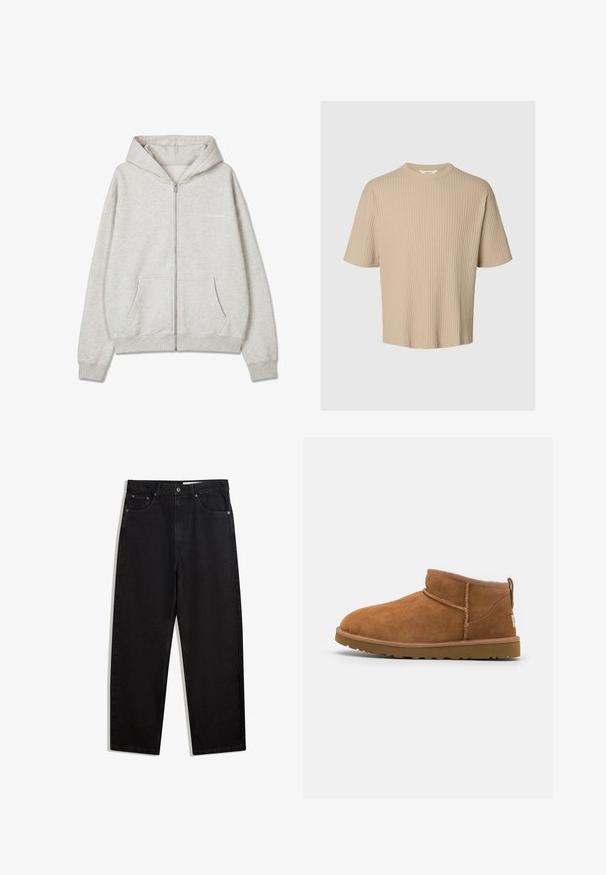 Lysegrå hættetrøje med lynlås foran, frontlommer, ribkantede manchetter og kant, samt en lille "PEGADOR"-logo på venstre bryst.; Beige kortærmet ribstrikket T-shirt med rund hals og afslappet pasform mod en lys grå baggrund.; Sorte denimbukser i bred benlængde. Har fem lommer, metalknaplukning og kontraststing. Glat tekstur, minimalistisk design.; Sandal mellemhøje støvler i tan ruskind med en rund tå, subtile syninger og en tekstureret gummisål. Kort højde uden snørebånd.