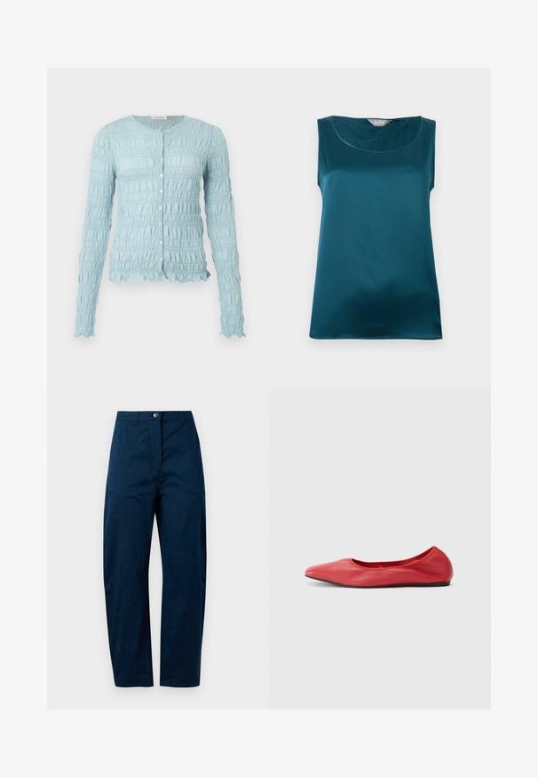 Lichtblauwe cardigan met lange mouwen, een gerimpelde textuur, ronde halslijn, knoopsluiting aan de voorkant en gerimpelde randen aan de mouwen en zoom.; Mouwloze teal satijnen blouse met ronde halslijn en glad, glanzend textuur, plat gelegd op een witte achtergrond.; Marineblauwe broek met een recht model, voorzien van een sluiting met een knoop aan de voorkant, twee zijzakken en een gladde, gestructureerde stofafwerking.; Filippa K REY FLATS - Ballerina's - bright red