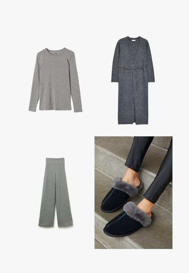 Cardigan largo gris de punto con cinturón anudado en la cintura y cuello de escote en V profundo, con mangas largas y bajo recto.; Camiseta de manga larga gris hecha de tejido suave, con cuello redondo y corte recto; textura lisa sin patrones ni adornos.; Pantalones de pierna ancha en gris con una tela suave y texturizada y una cinturilla alta, presentando un diseño simple y limpio sin patrones ni adornos.; Zapatillas de ante negro con un puño de pelo sintético gris, punta redonda y costuras en contraste. Textura suave y diseño de fácil puesta para mayor comodidad.